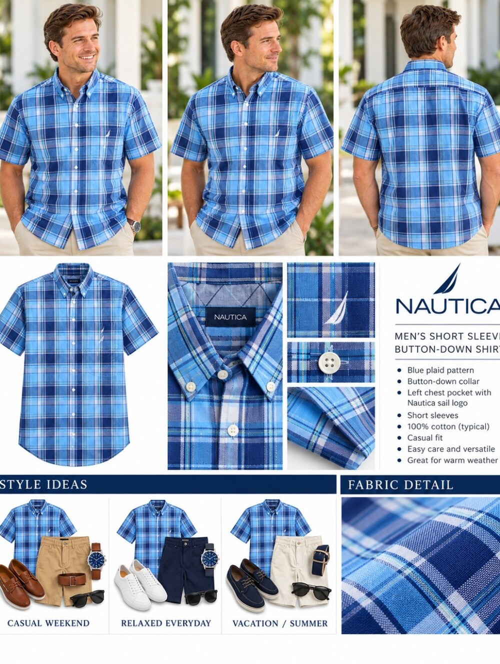 Nautica Men’s 3XL Short Sleeve Button Down Shirt Blue Plaid Cotton Casual
